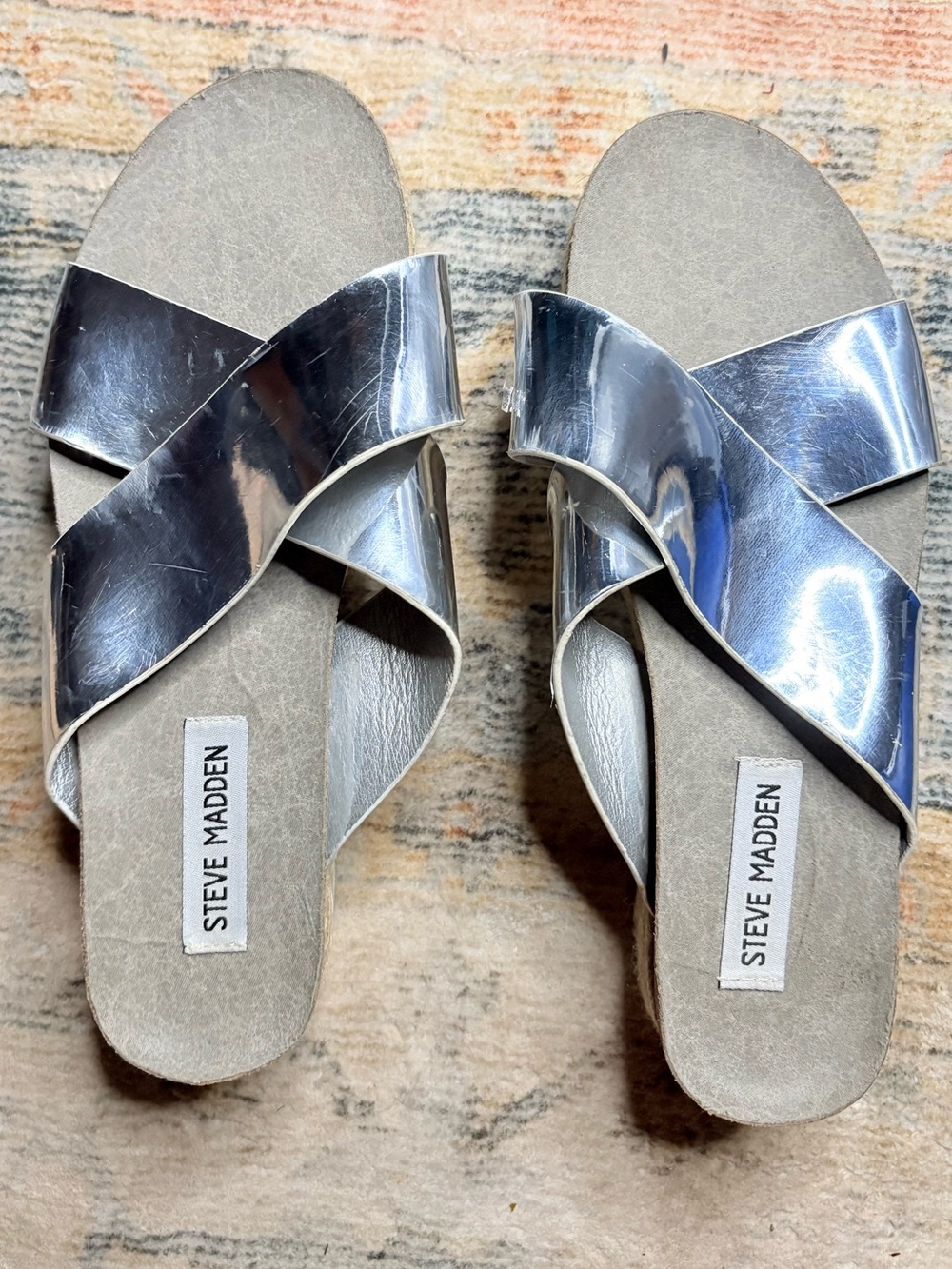 Steve Madden Silver Metallic Crisscross Platform Slides